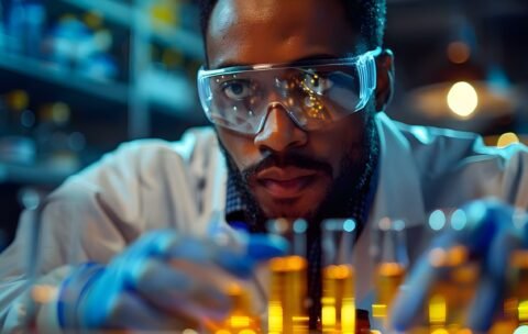 Bioengineer conducting advanced research in a laboratory with safety gear and high-tech equipment. Concept Bioengineering Research, Lab Safety Gear, High-Tech Equipment, Advanced Studies